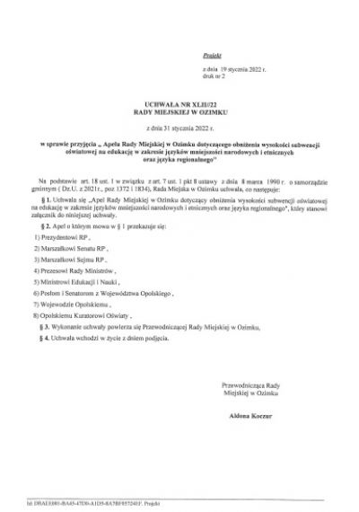 #Sprachlos - Apel Burmistrza Ozimka oraz Rady Miejskiej w Ozimku